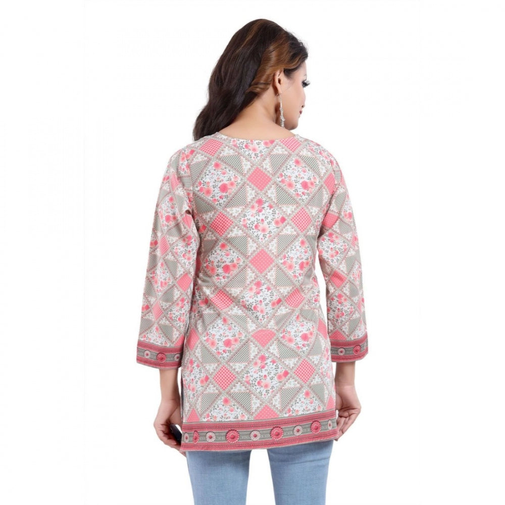 Alluring Quarter Sleeve Faux Crepe Printed Short Kurti Tunic Top