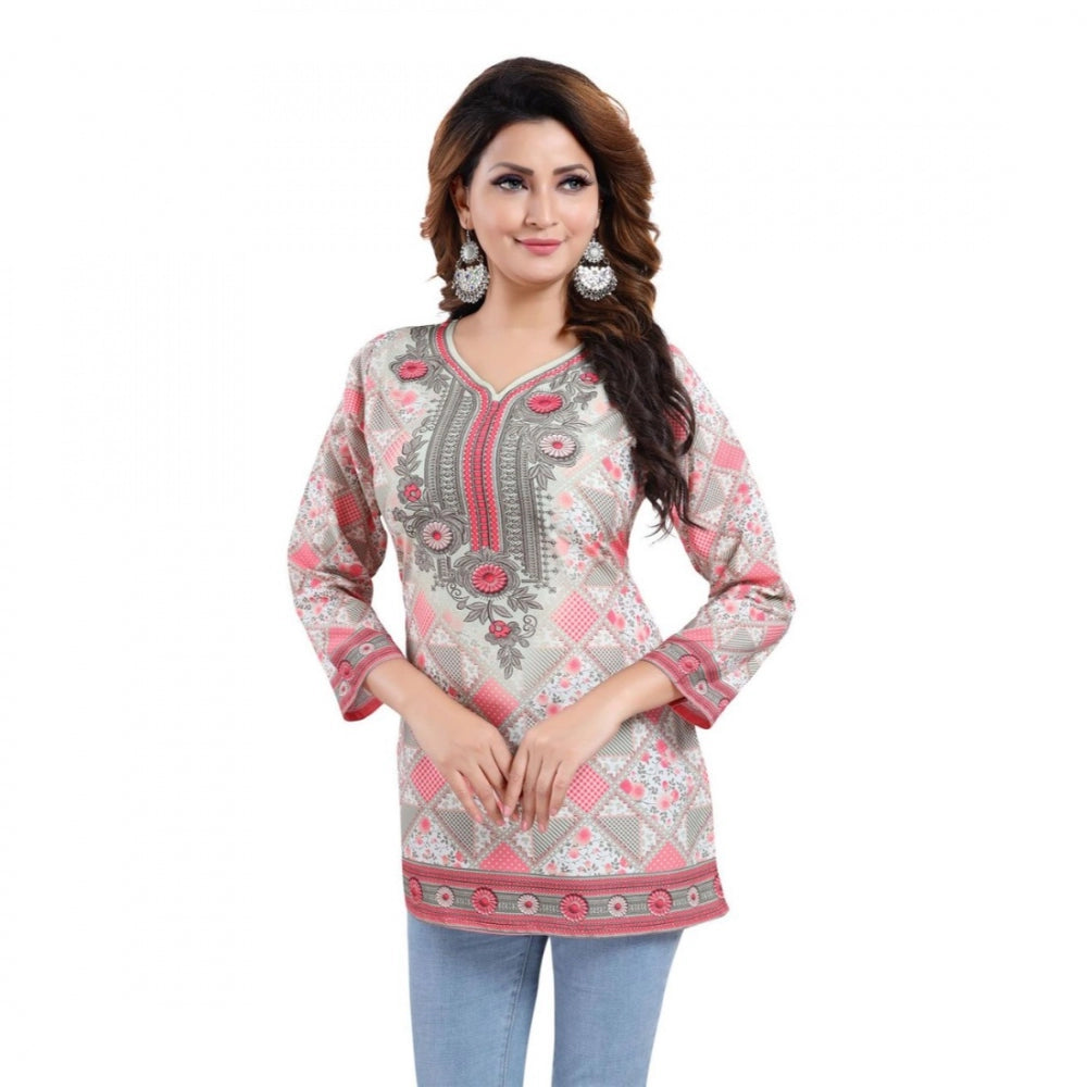 Alluring Quarter Sleeve Faux Crepe Printed Short Kurti Tunic Top