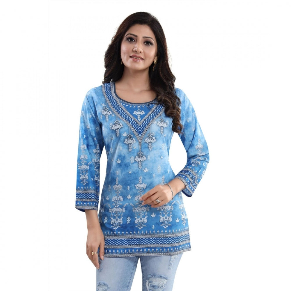 Alluring Quarter Sleeve Faux Crepe Printed Short Kurti Tunic Top