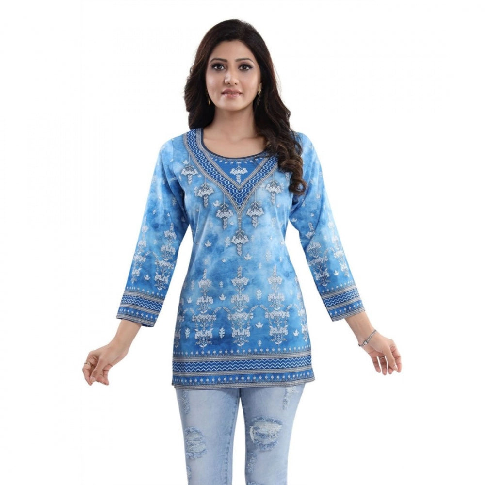 Alluring Quarter Sleeve Faux Crepe Printed Short Kurti Tunic Top