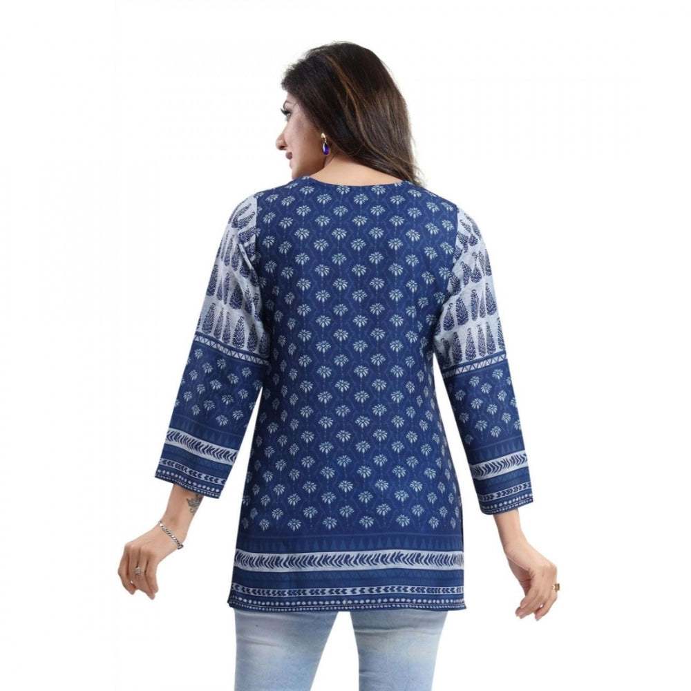 Alluring Quarter Sleeve Faux Crepe Printed Short Kurti Tunic Top