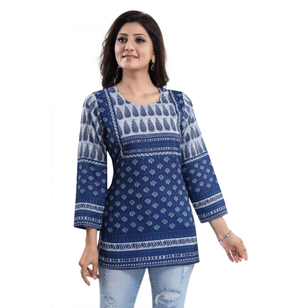 Alluring Quarter Sleeve Faux Crepe Printed Short Kurti Tunic Top