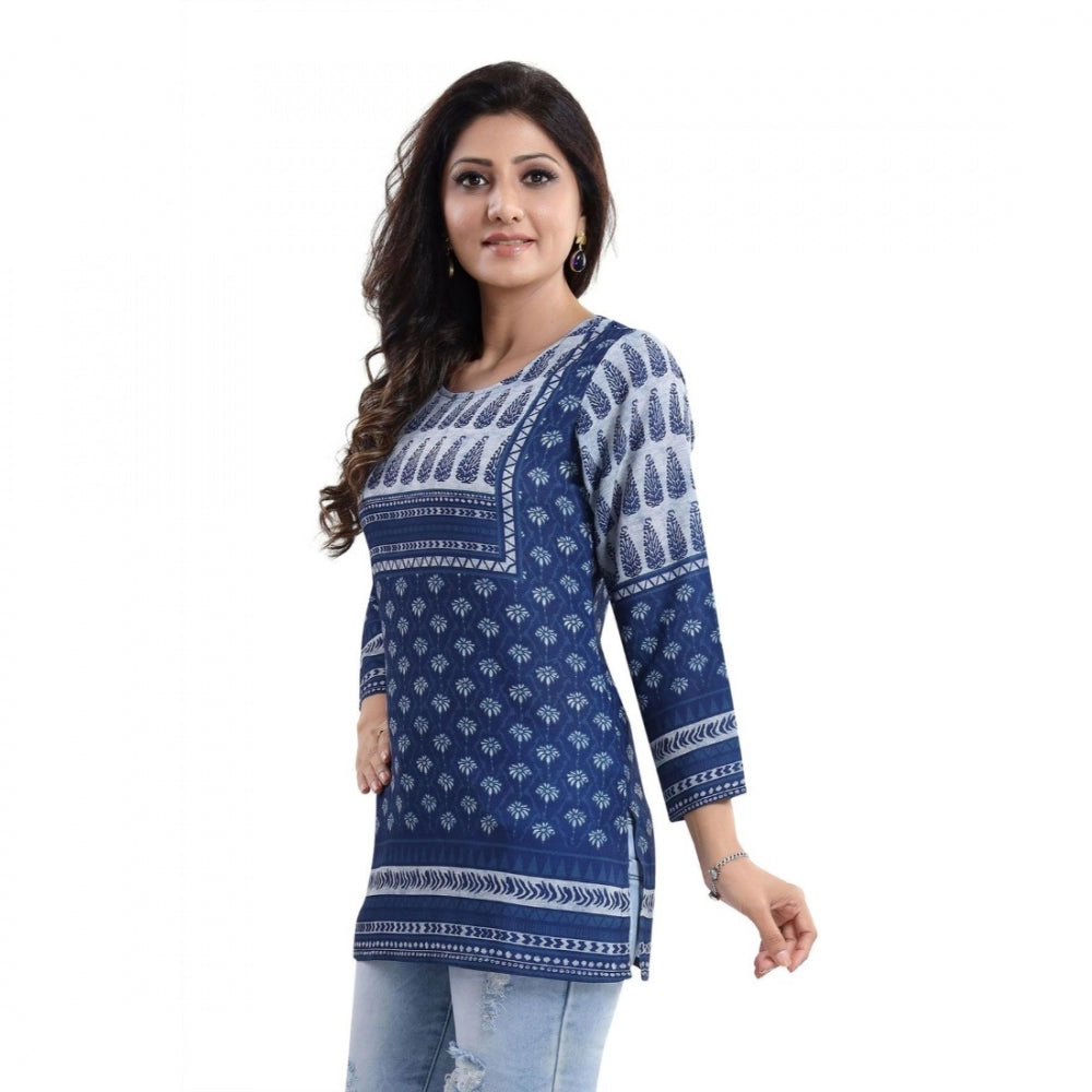 Alluring Quarter Sleeve Faux Crepe Printed Short Kurti Tunic Top