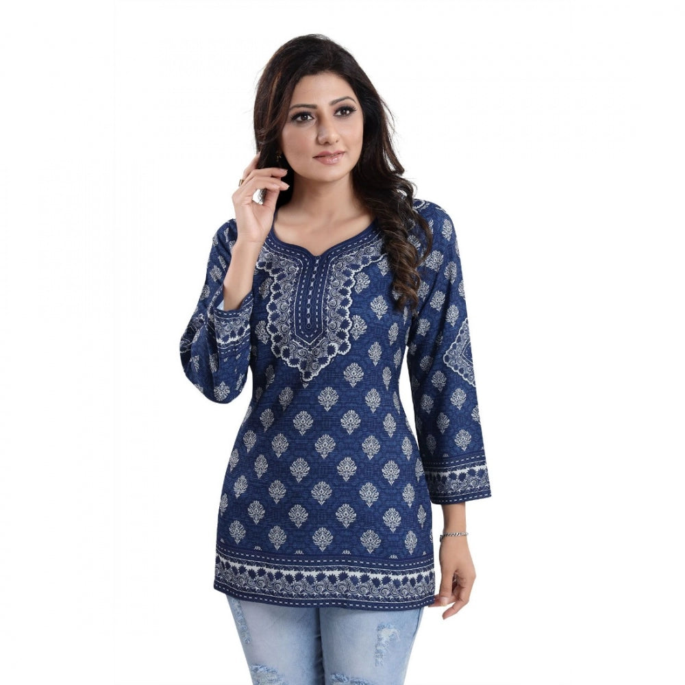 Alluring Quarter Sleeve Faux Crepe Printed Short Kurti Tunic Top