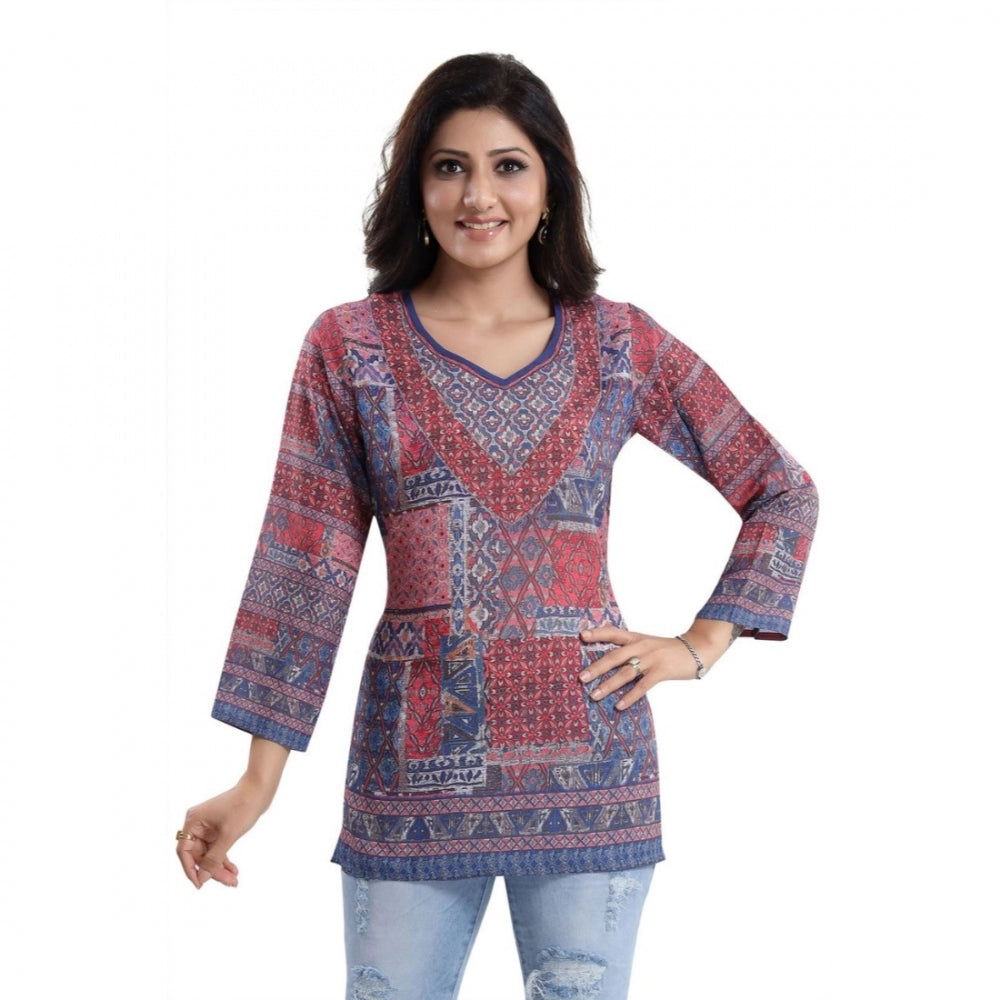 Wonderful Quarter Sleeve Faux Crepe Printed Short Kurti Tunic Top