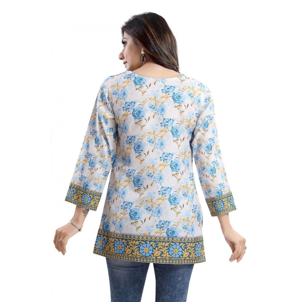 Alluring Quarter Sleeve Faux Crepe Printed Short Kurti Tunic Top