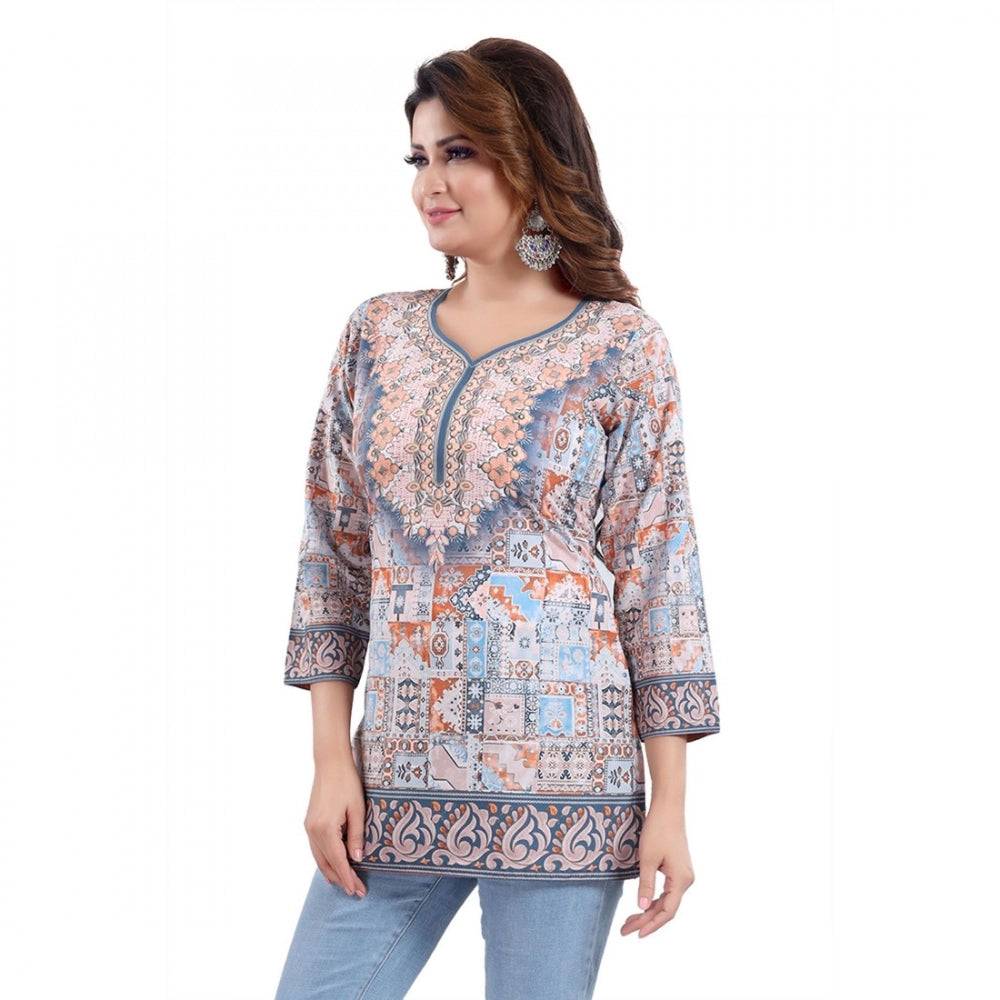 Alluring Quarter Sleeve Faux Crepe Printed Short Kurti Tunic Top