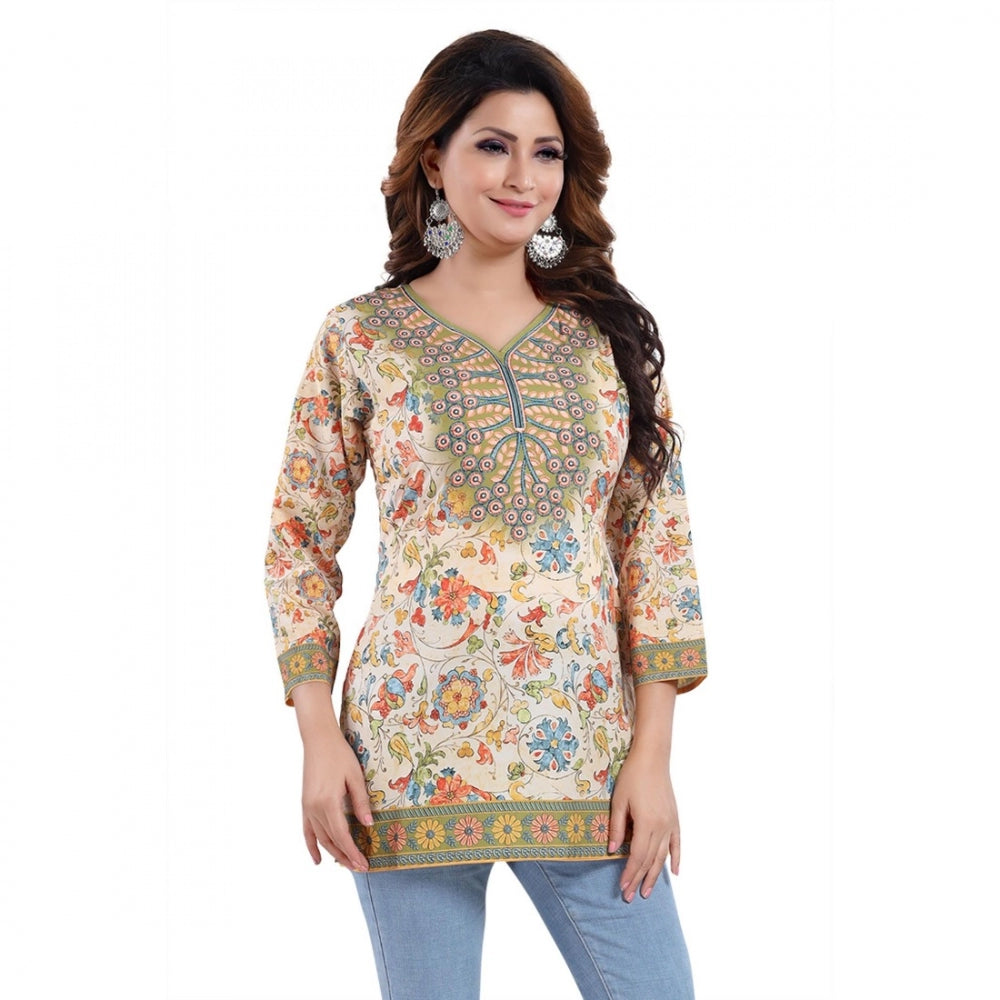 Alluring Quarter Sleeve Faux Crepe Printed Short Kurti Tunic Top