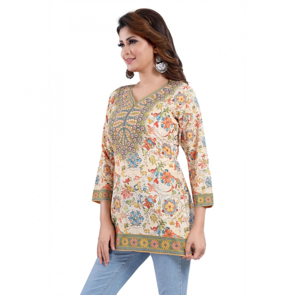 Alluring Quarter Sleeve Faux Crepe Printed Short Kurti Tunic Top