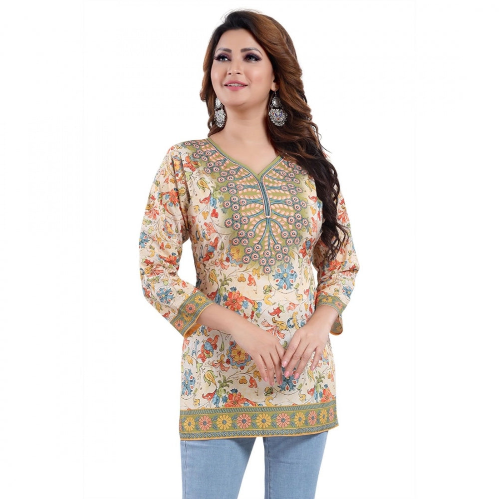 Alluring Quarter Sleeve Faux Crepe Printed Short Kurti Tunic Top