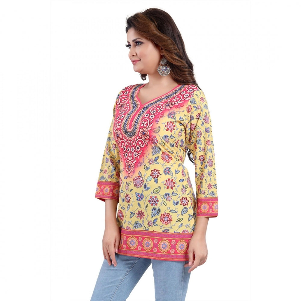 Alluring Quarter Sleeve Faux Crepe Printed Short Kurti Tunic Top