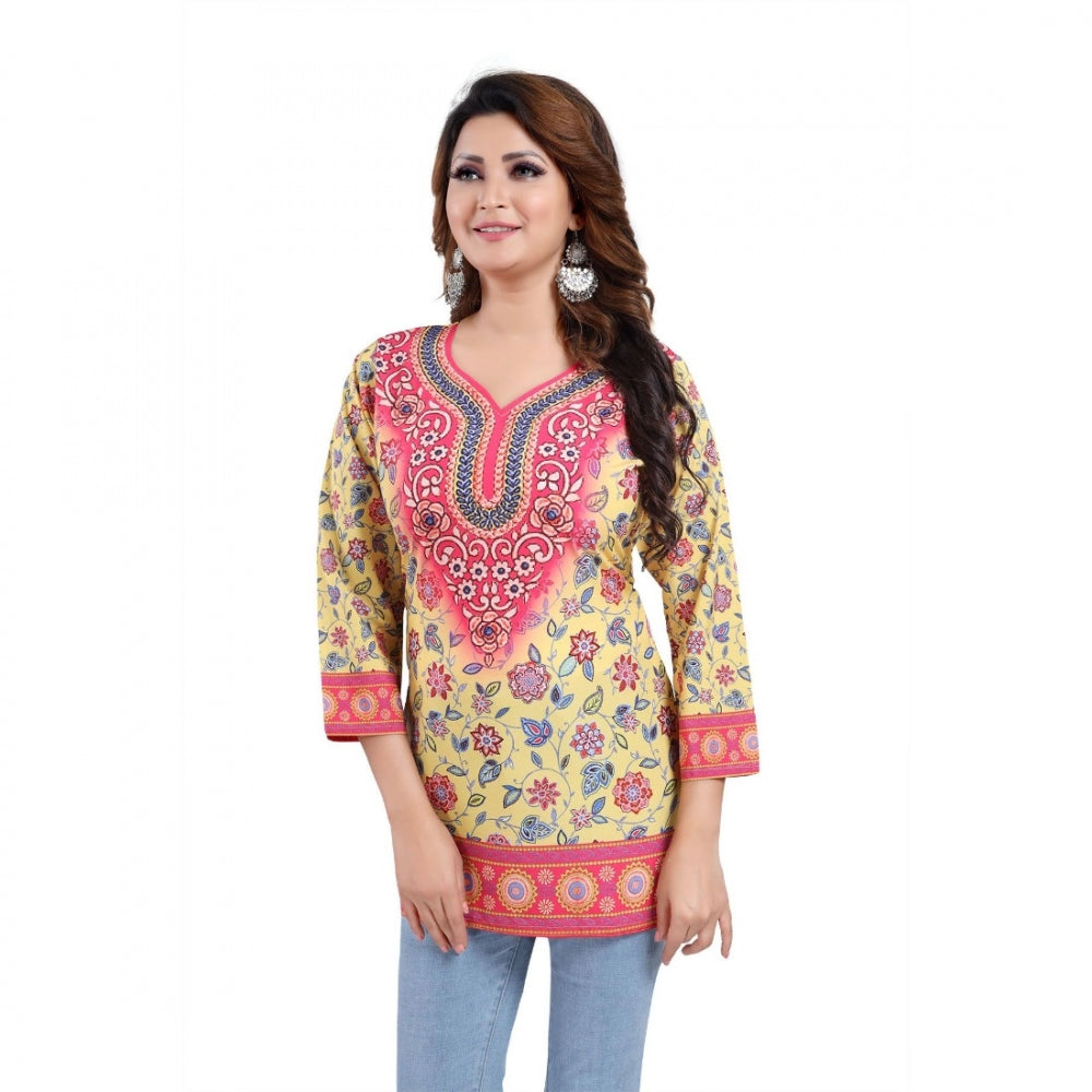 Alluring Quarter Sleeve Faux Crepe Printed Short Kurti Tunic Top