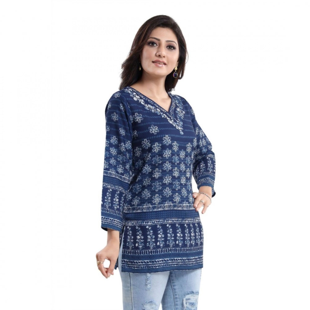 Alluring Quarter Sleeve Faux Crepe Printed Short Kurti Tunic Top