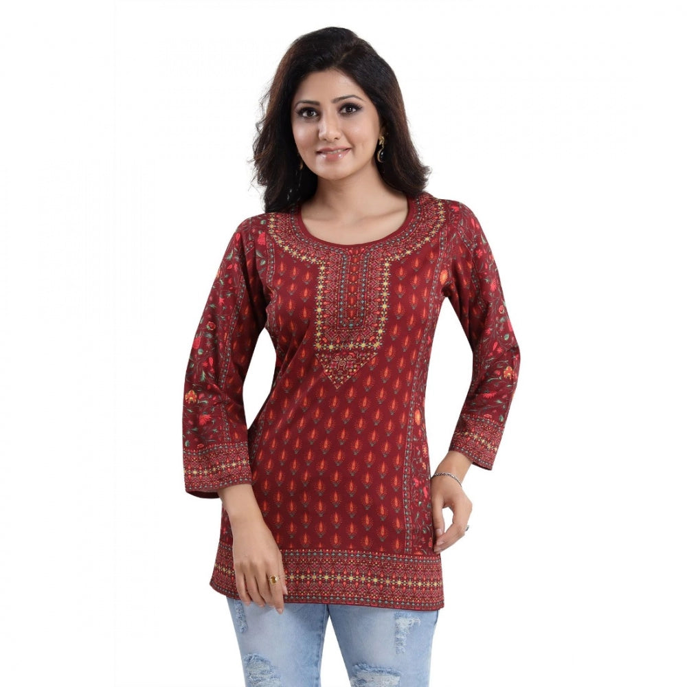 Alluring Quarter Sleeve Faux Crepe Printed Short Kurti Tunic Top