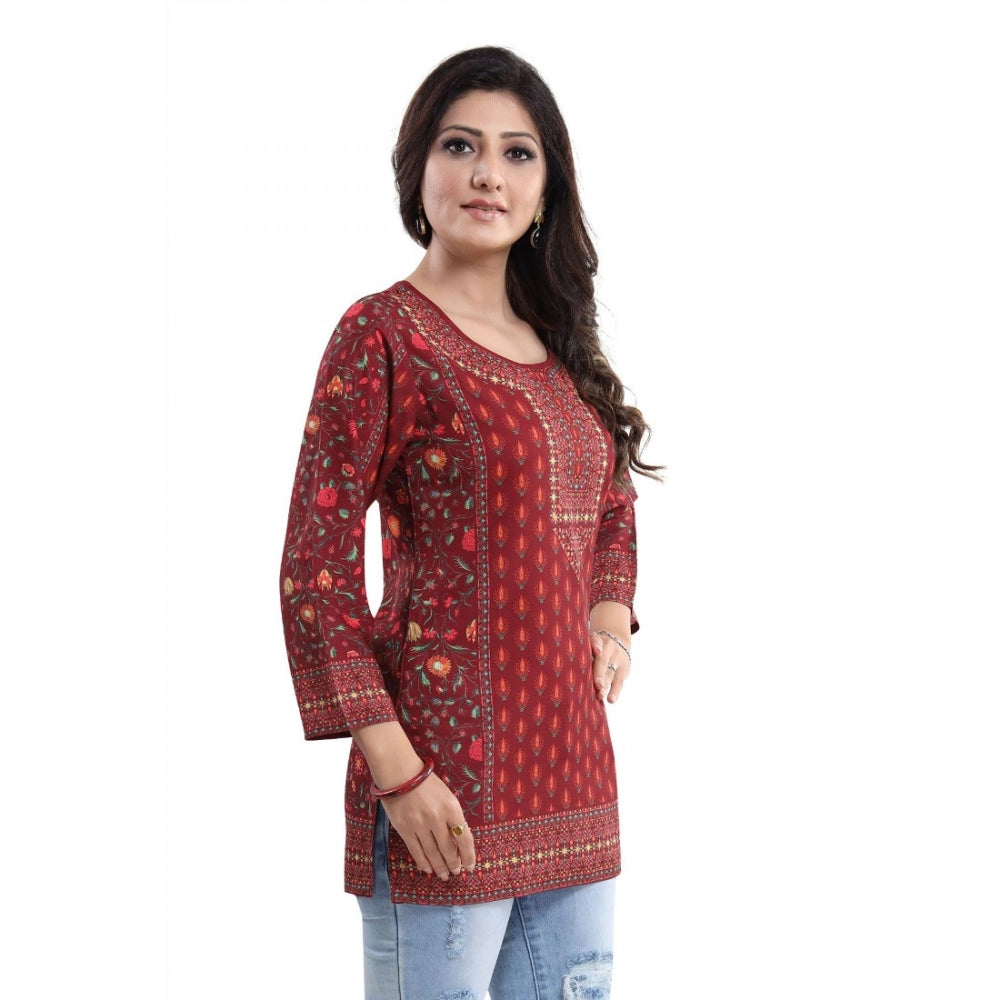 Alluring Quarter Sleeve Faux Crepe Printed Short Kurti Tunic Top