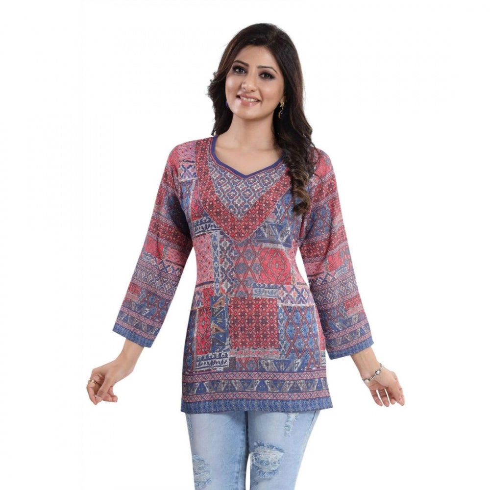 Wonderful Quarter Sleeve Faux Crepe Printed Short Kurti Tunic Top