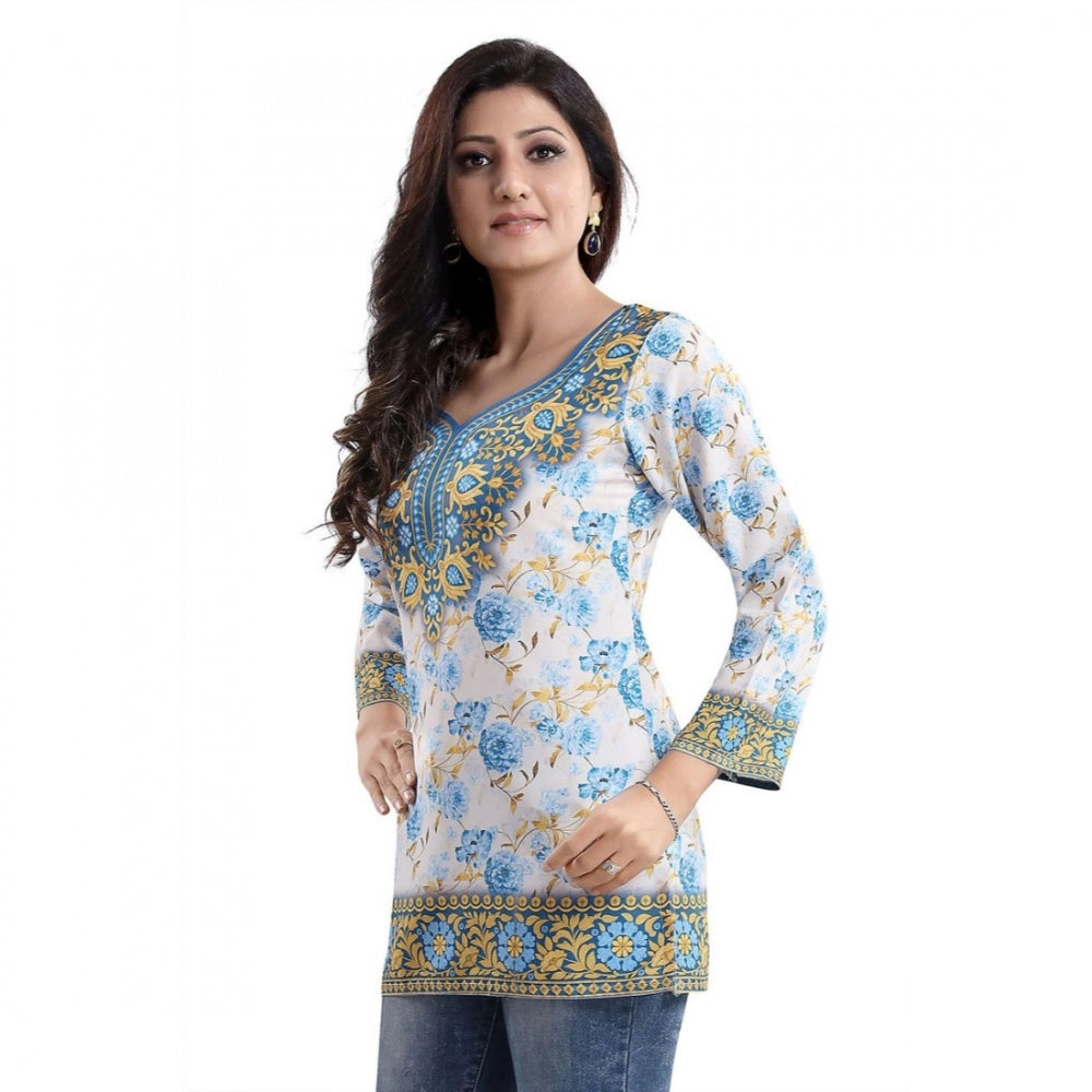 Alluring Quarter Sleeve Faux Crepe Printed Short Kurti Tunic Top