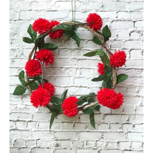 Wonderful Artificial Red Chrysanthemum Dahlia Flower Vine Creeper With Big Green Leaves For Home Decoraton