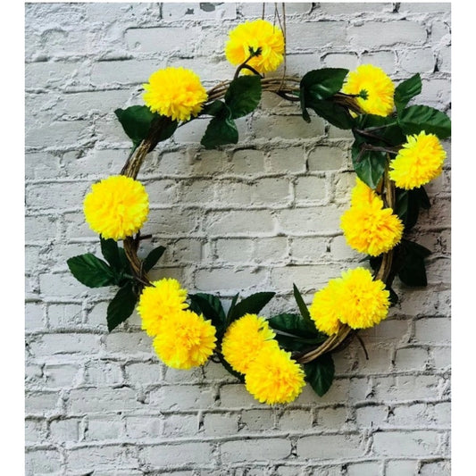 Trendy Artificial Yellow Chrysanthemum Dahlia Flower Vine Creeper With Big Green Leaves For Home Decoraton