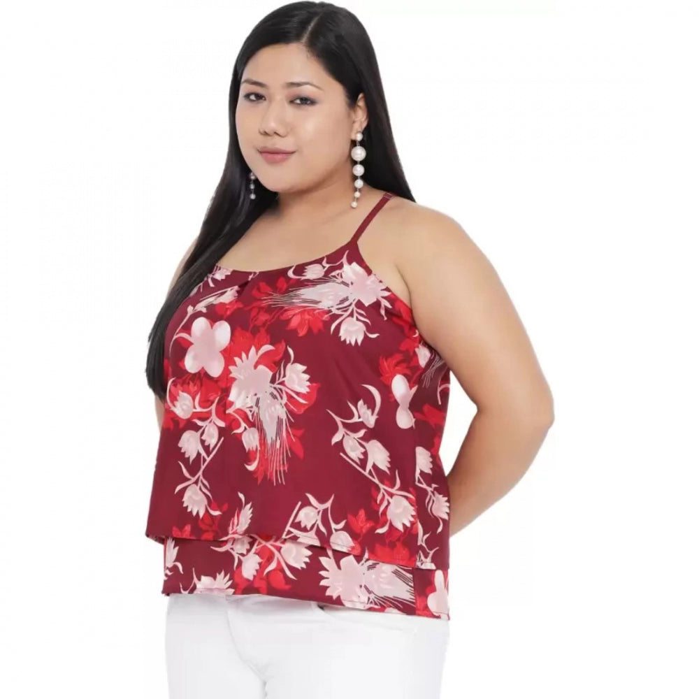 Casual Floral Print Red Top