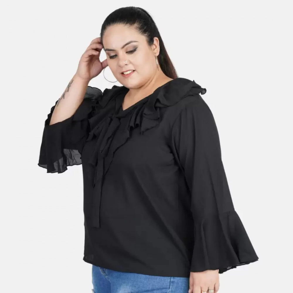 Fashionable Casual Bell Sleeve Solid Black Top