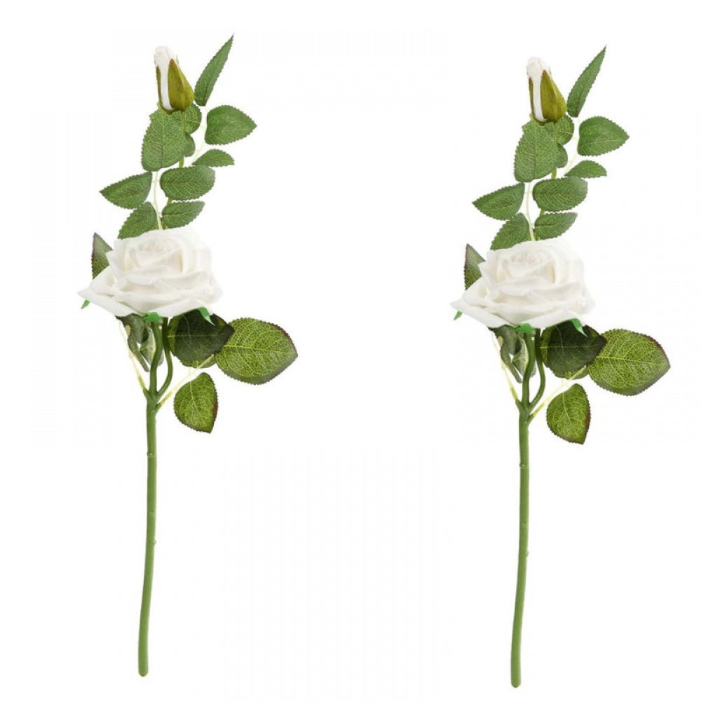 Stylish Pack Of 2 Artificial White Velvet Rose Flower Stem With Bud For Home Decoration