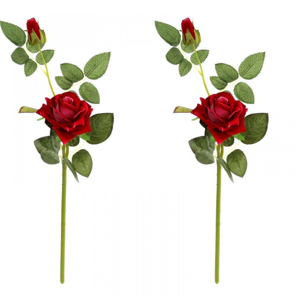 Stylish Pack Of 2 Artificial Rose Red Velvet Rose Flower Stem With Bud For Home Decoration