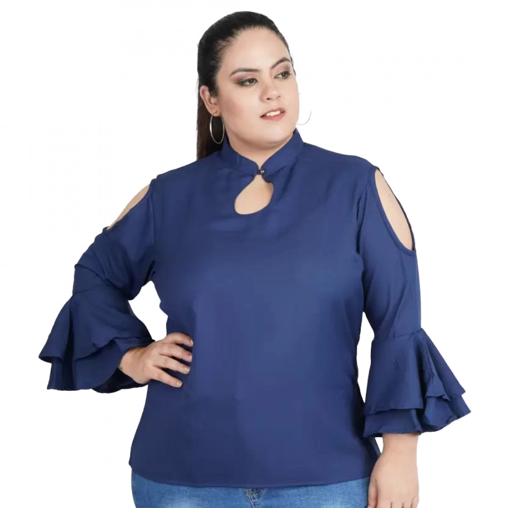 Fashionable Casual Bell Sleeve Solid Blue Top