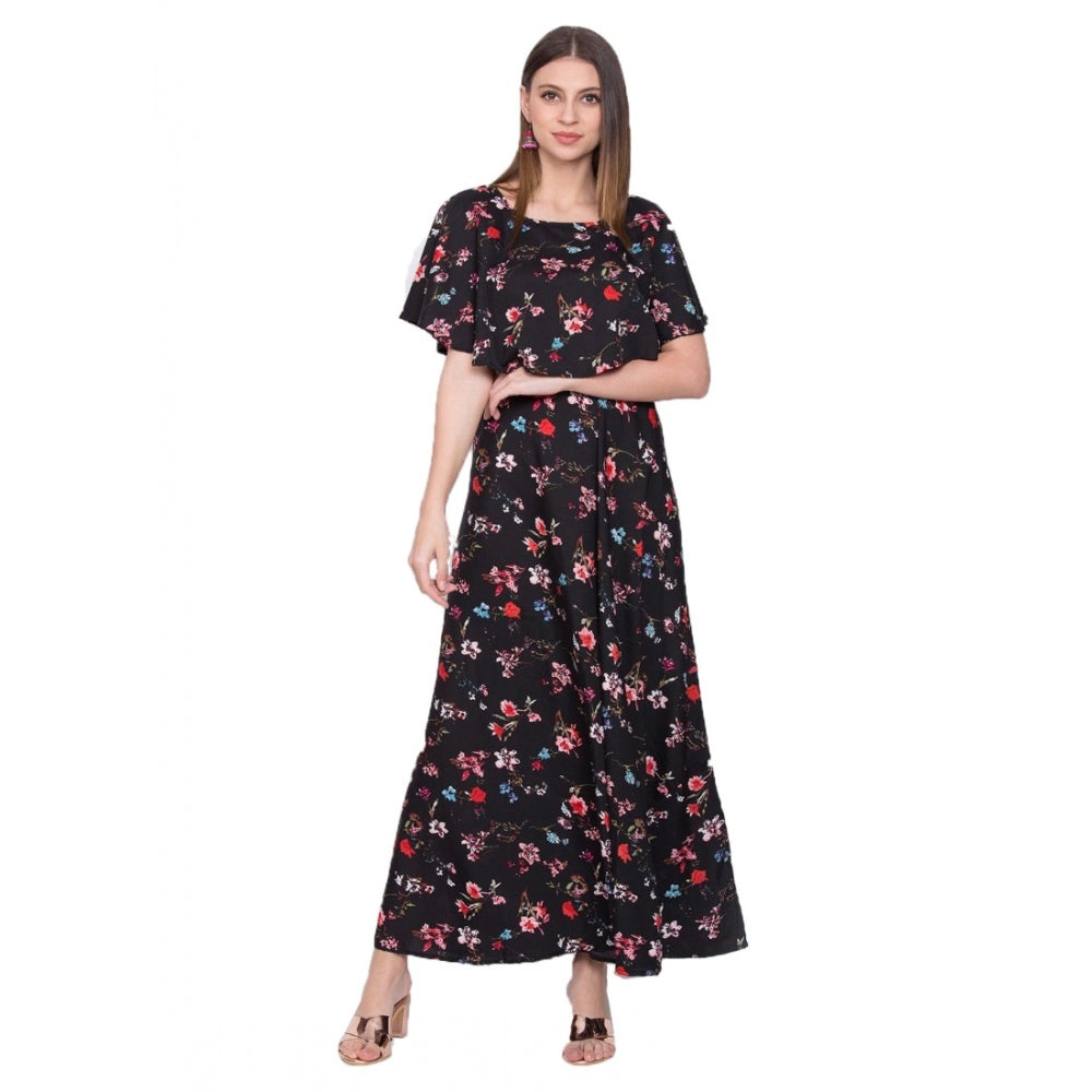 Classy Crepe Floral Half Sleeves Full Length Gown