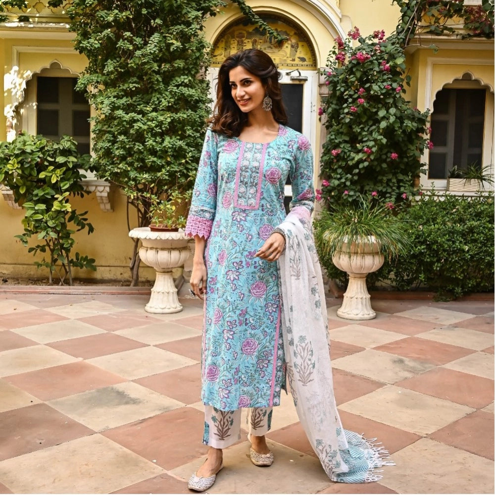 Casual Floral Print Cotton Kurta Set