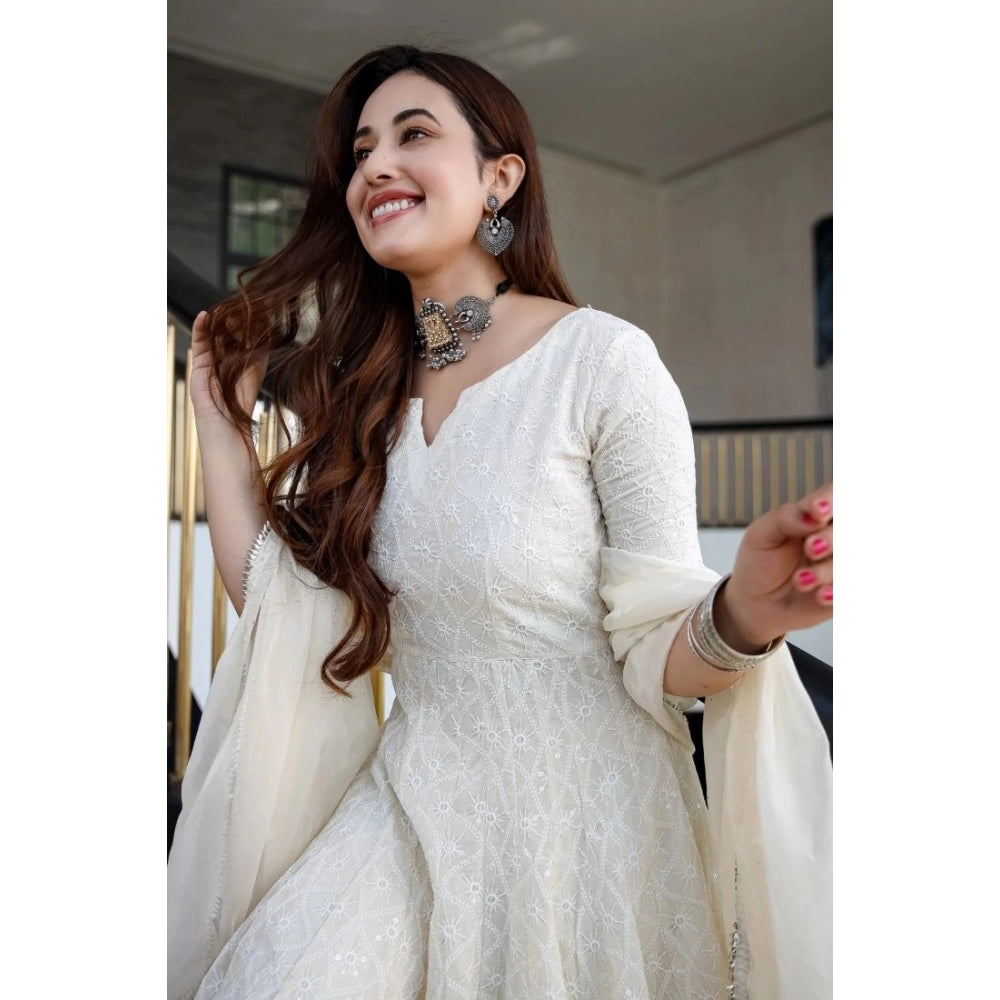 Alluring Casual Embroidered Cotton Gown with Dupatta