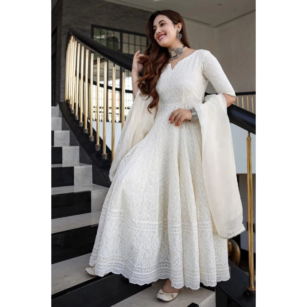 Alluring Casual Embroidered Cotton Gown with Dupatta