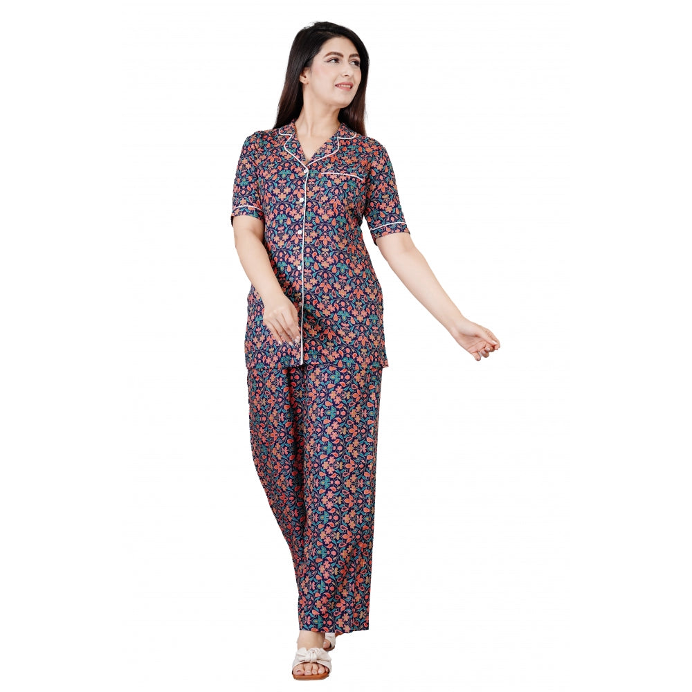 Casual Half Sleeve Printed Viscose Rayon Shirt With Pyjama Pant Night Suit Set