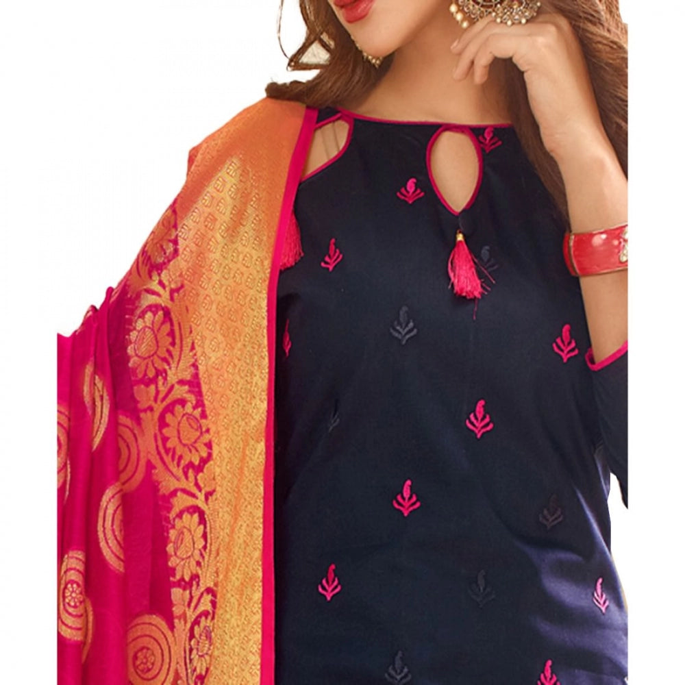 Glace Cotton Fabric Navy Blue Color Unstitched Salwar Suit Dress Material With Dupatta