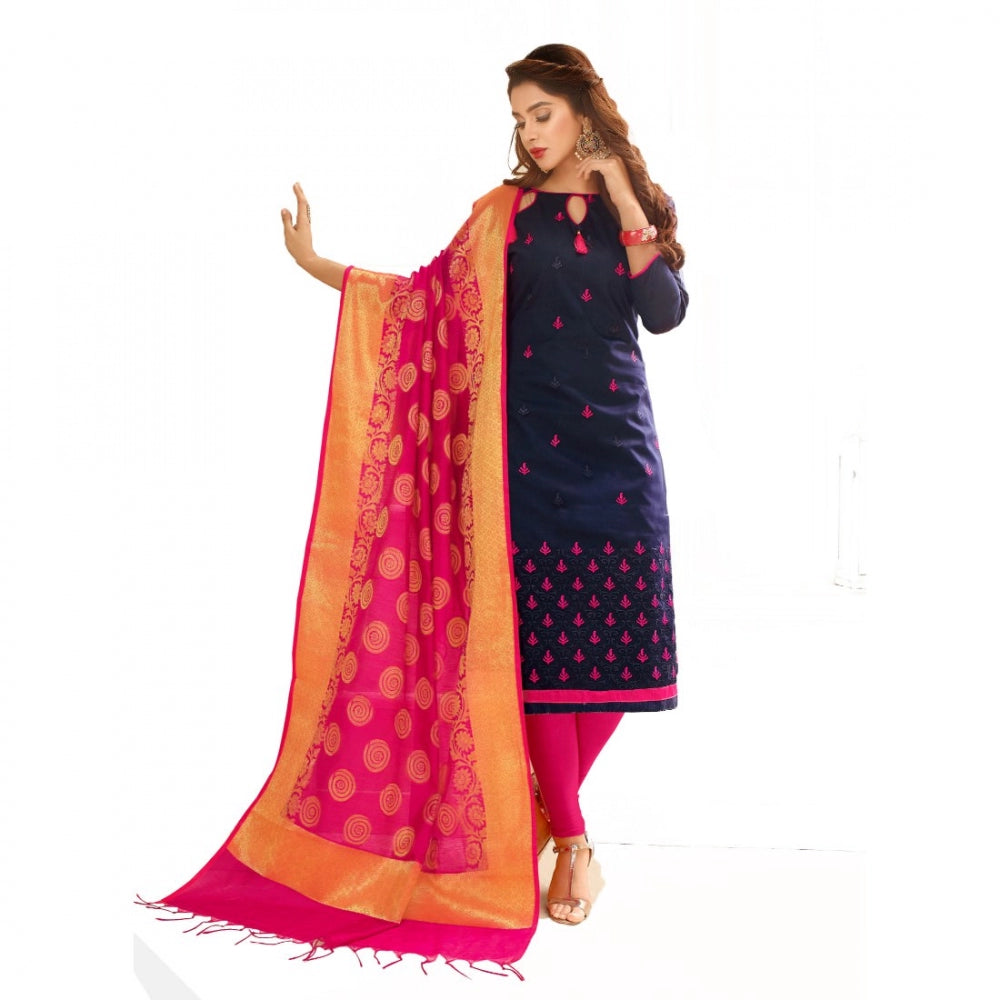 Glace Cotton Fabric Navy Blue Color Unstitched Salwar Suit Dress Material With Dupatta