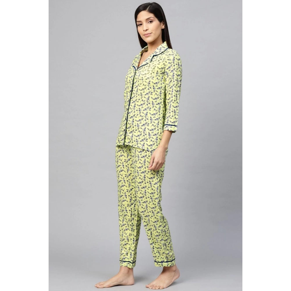 Casual Floral Printed Rayon Shirt With Pyjama Pant Night Suit Set