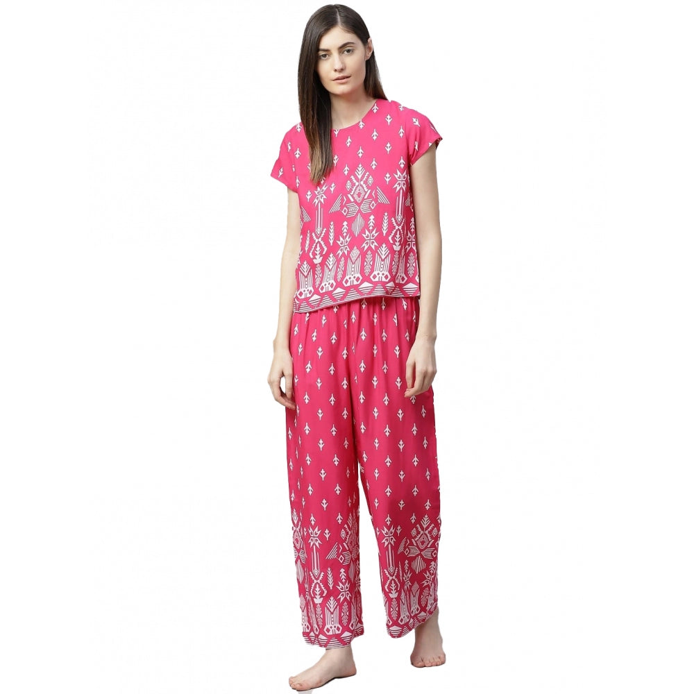 Casual Short Sleeve Printed Rayon Top Pyjama Set