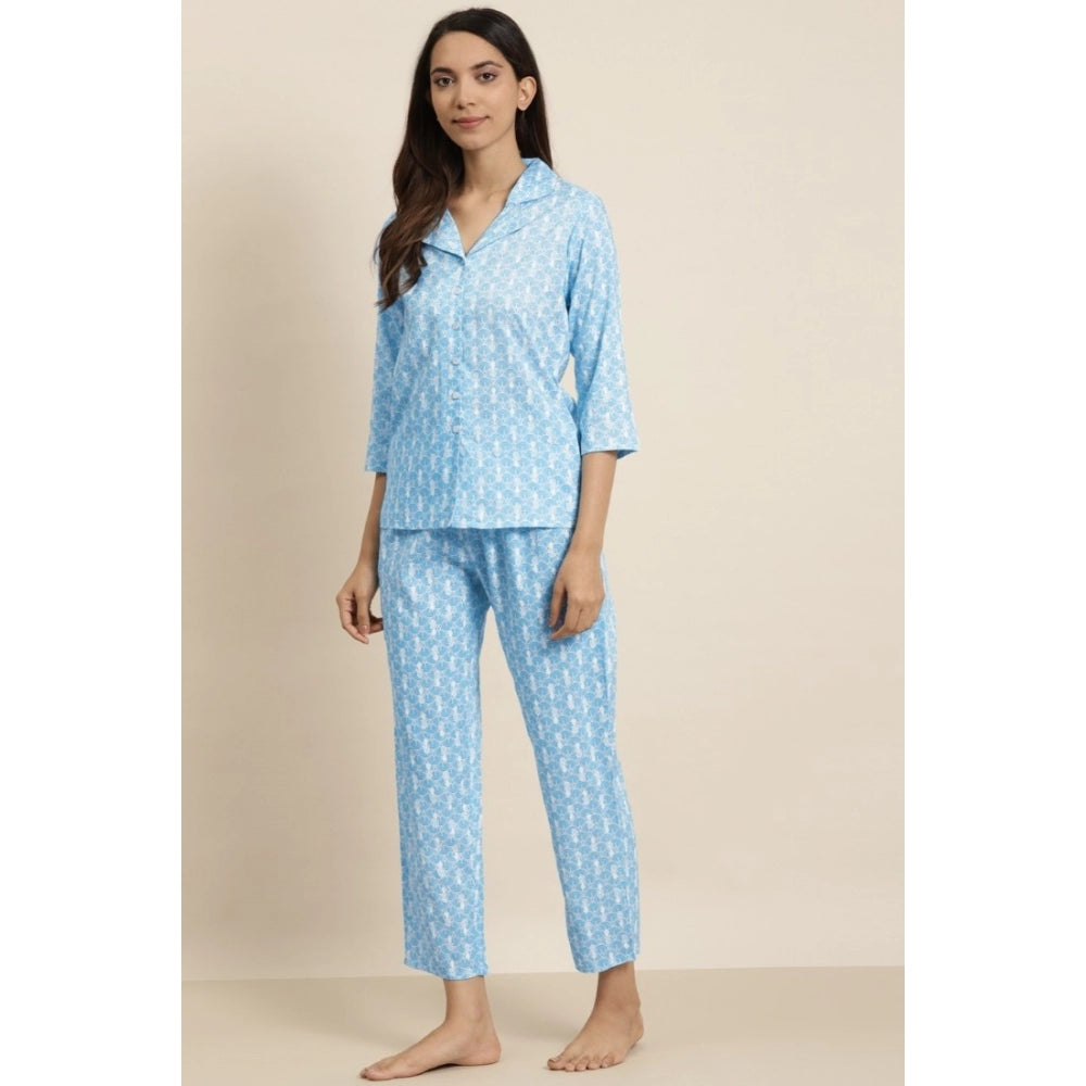 Casual Floral Printed Rayon Shirt With Pyjama Pant Night Suit Set