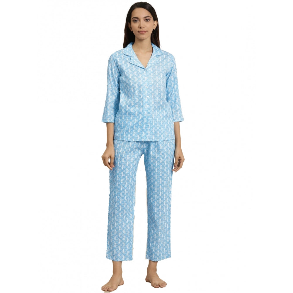 Casual Floral Printed Rayon Shirt With Pyjama Pant Night Suit Set