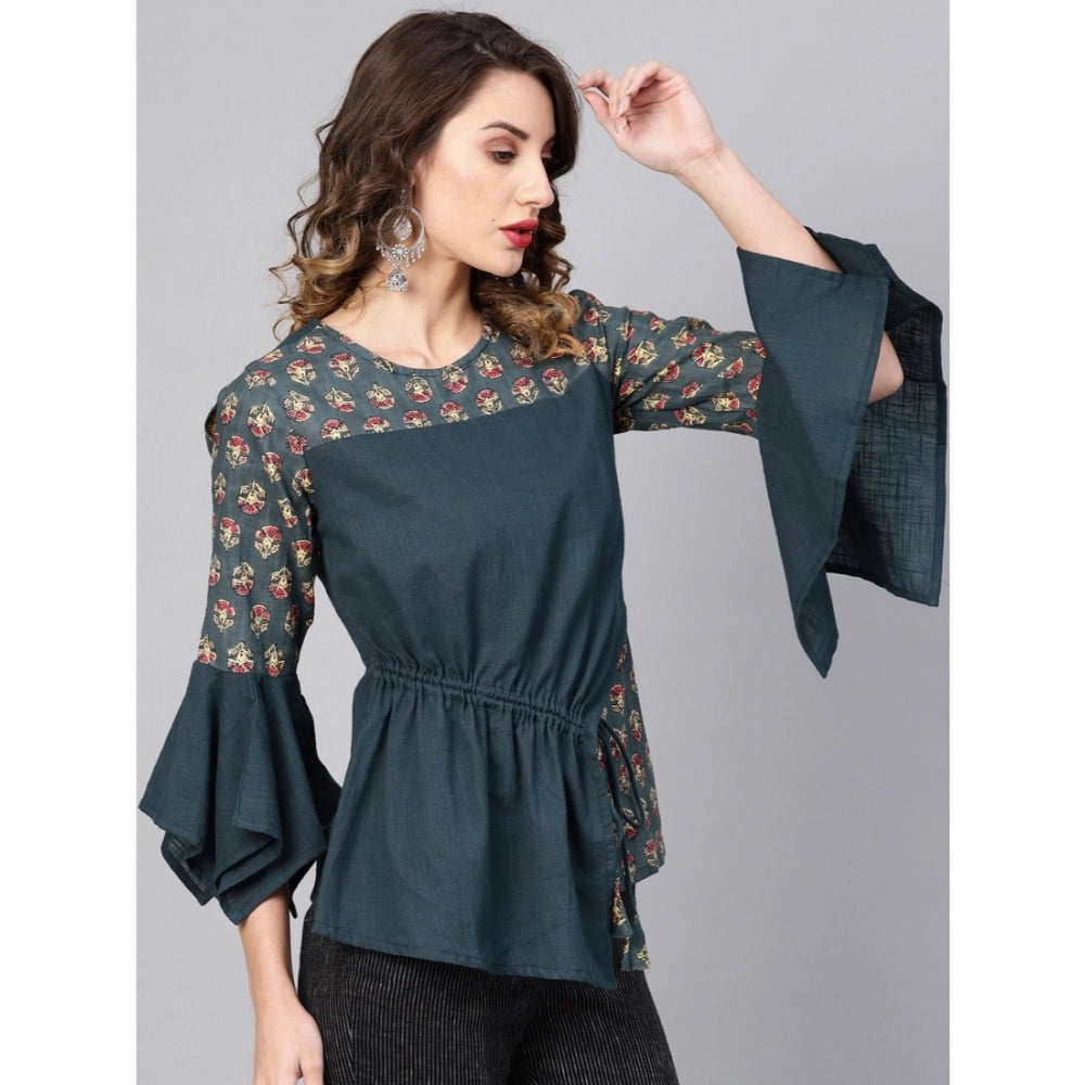 Ravishing Bell Sleeves Floral Printed Cotton Slub Top