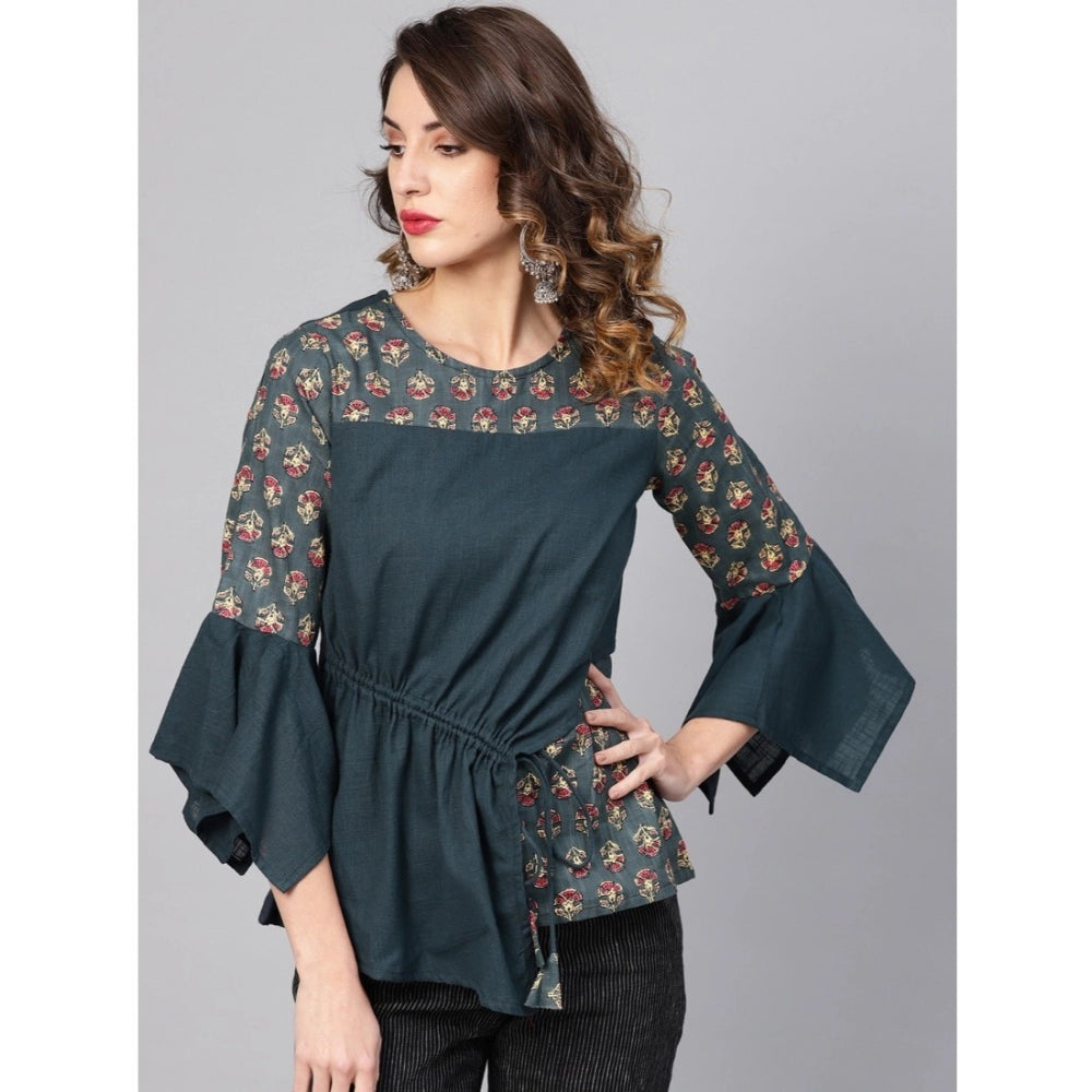 Ravishing Bell Sleeves Floral Printed Cotton Slub Top