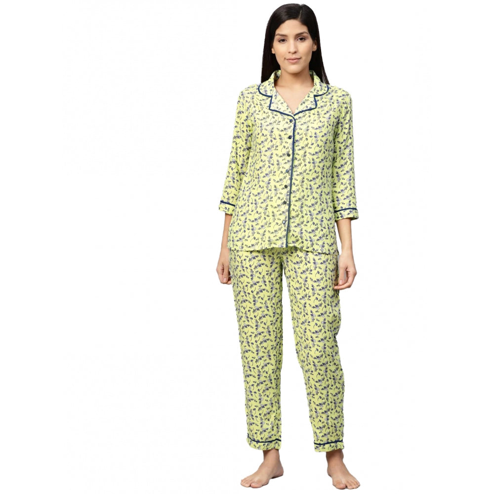 Casual Floral Printed Rayon Shirt With Pyjama Pant Night Suit Set