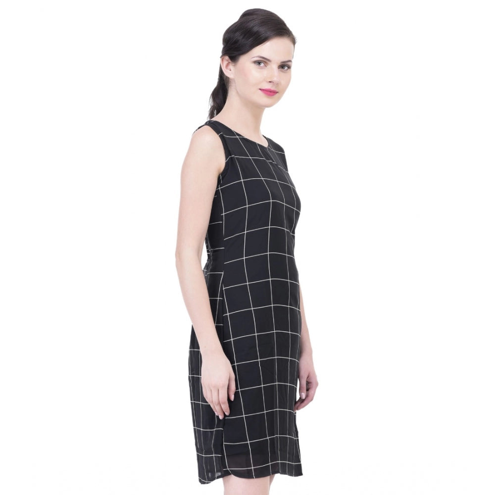 Embellished Cotton Blend Checked Sleeveless Sheath Dress