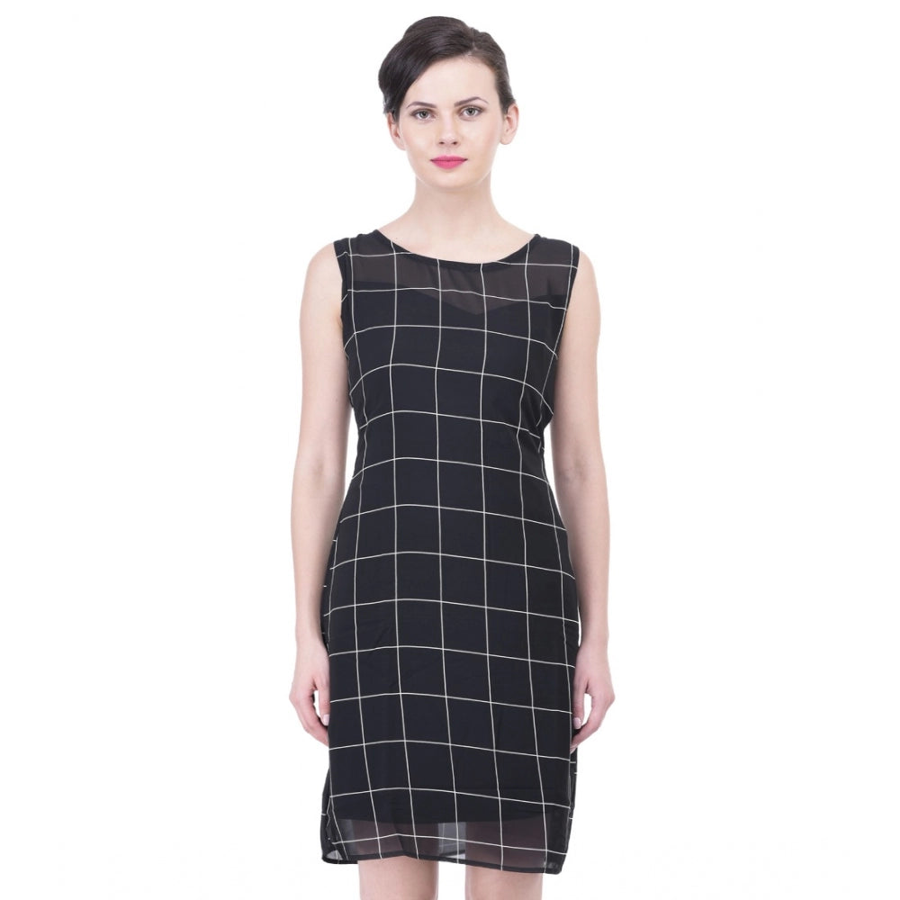 Embellished Cotton Blend Checked Sleeveless Sheath Dress