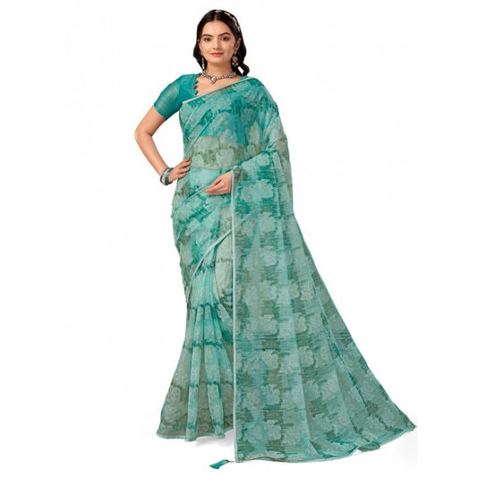 Sensational Linen Floral Printed Saree With Blouse Piece