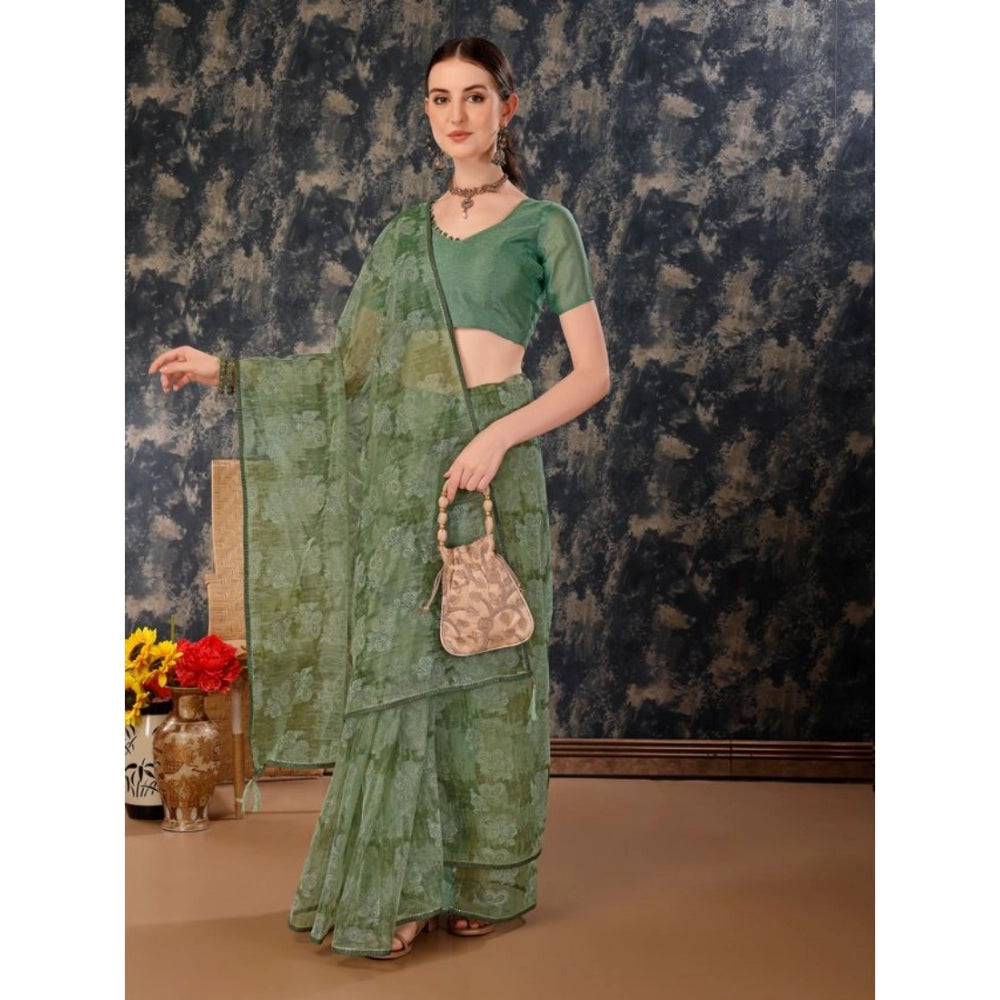 Sensational Linen Floral Printed Saree With Blouse Piece