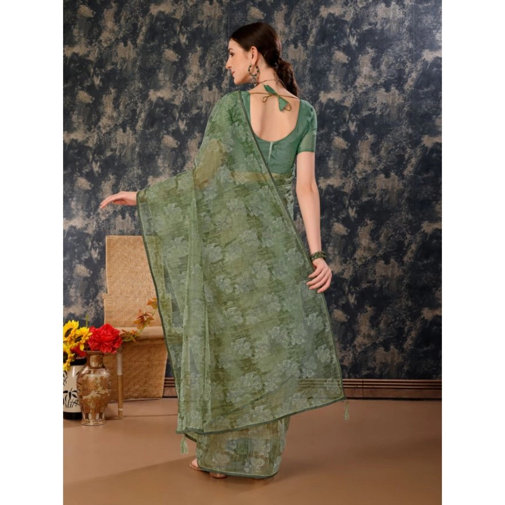 Sensational Linen Floral Printed Saree With Blouse Piece