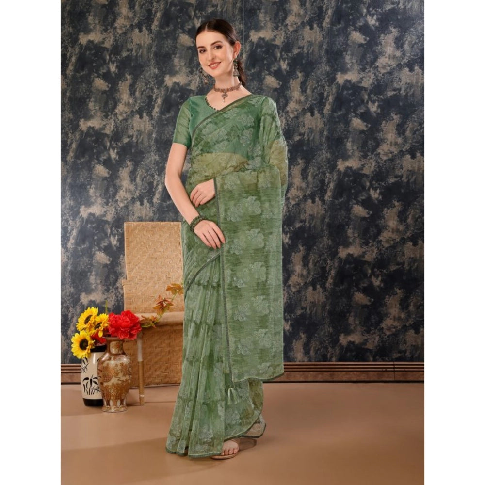 Sensational Linen Floral Printed Saree With Blouse Piece