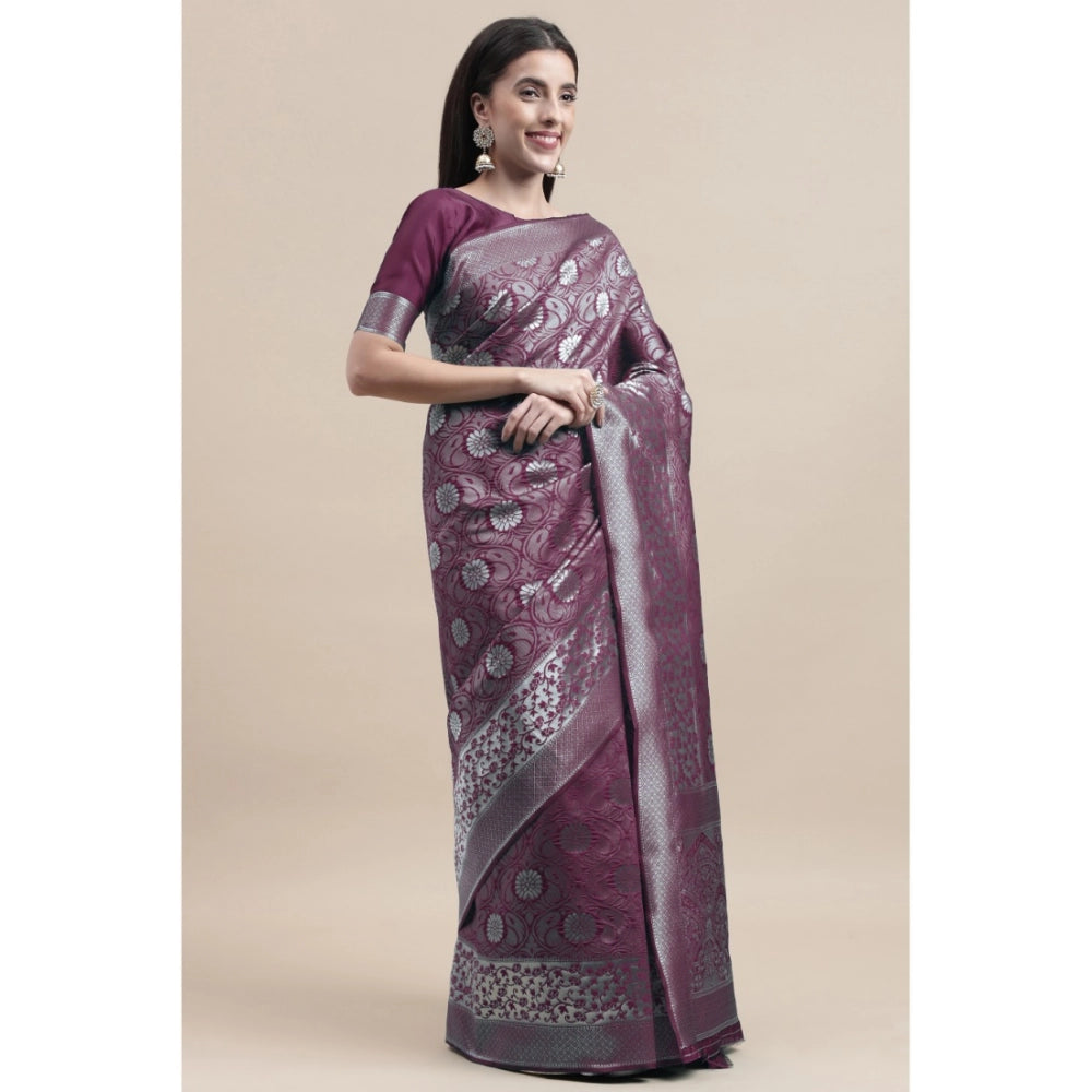 Elegant Kanjivaram Silk Designer Silver Weaving Saree With Blouse Piece