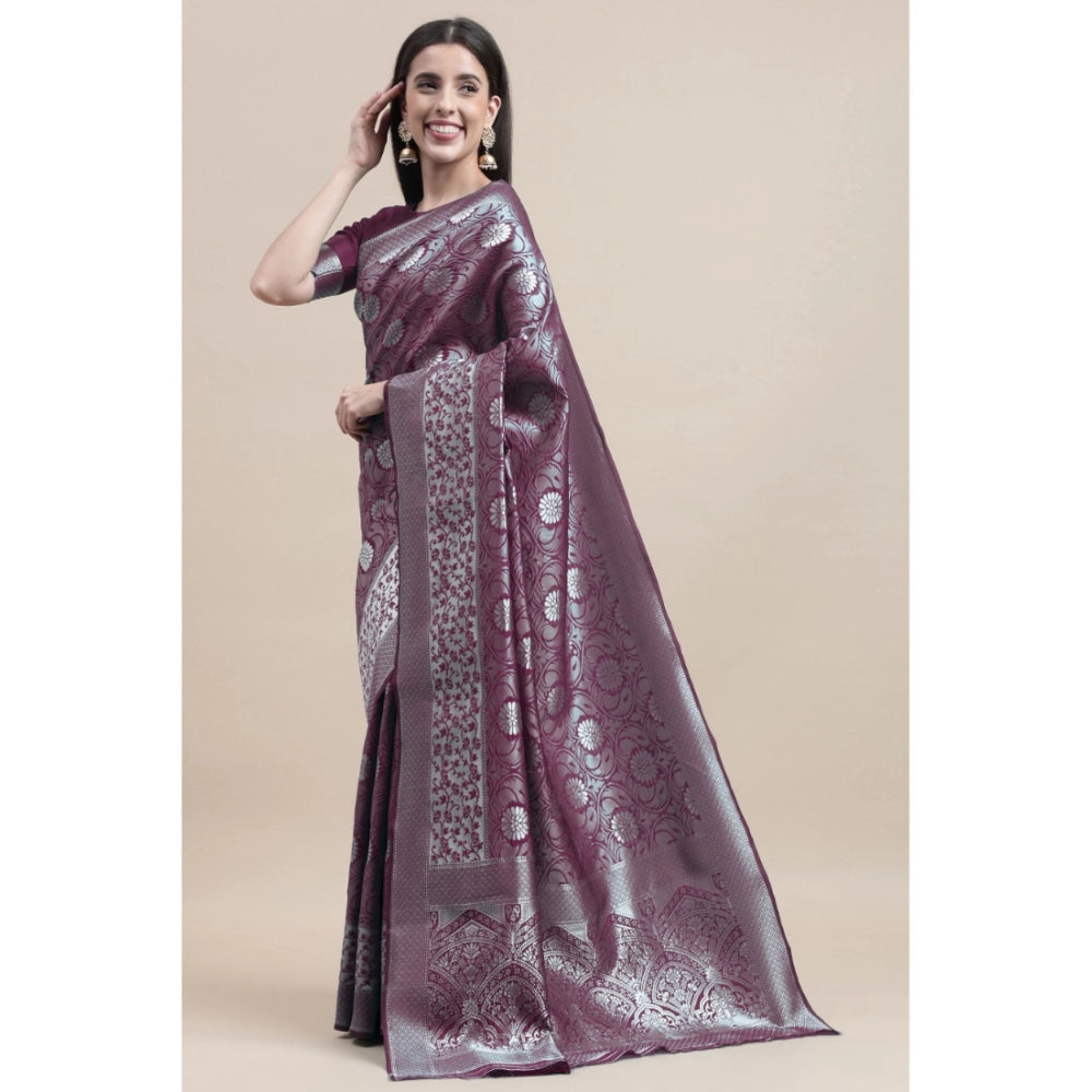 Elegant Kanjivaram Silk Designer Silver Weaving Saree With Blouse Piece